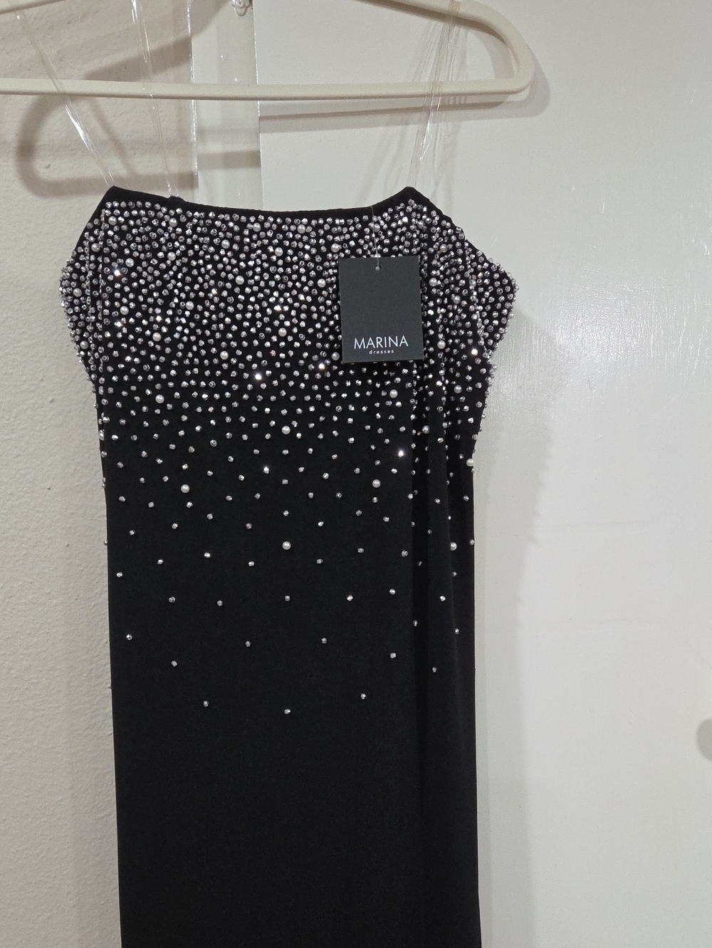 MARINA Black Strapless Evening Dress with Crystal Accents